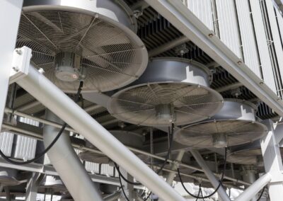 Industrial fans cooling an electrical power transformer.